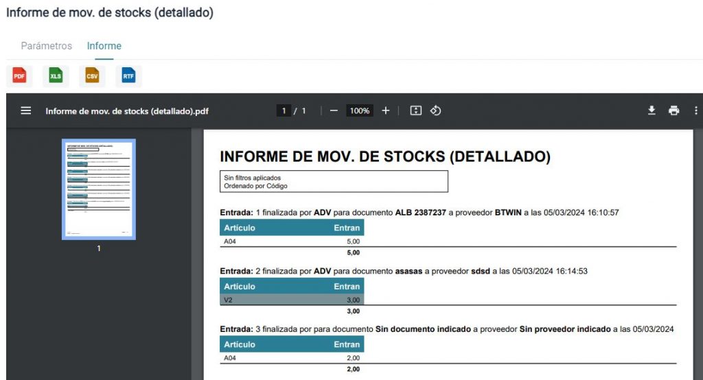 Listado de movimeintos de stosck detallado en TPVnube.es